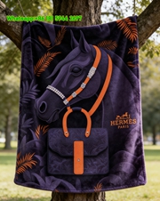 Hermès Navy Blue Horse & Bag Flannel Fleece Throw Blanket IMG_4973